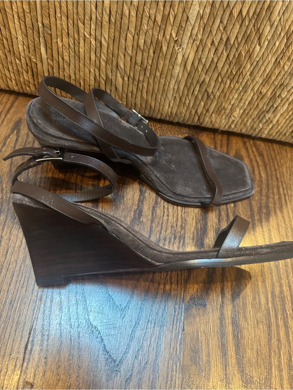Reformation Lina Boss Leather Brown Suede Wedge Sandals with Ankle Strap